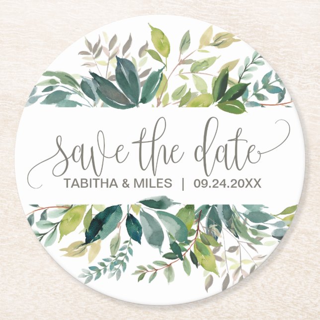 Porta-copo De Papel Redondo Foliage Wedding Save the Date Announment (Salvando (Frente)