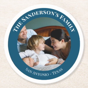 Porta-copo De Papel Redondo Foto personalizada no círculo de turquesa com text