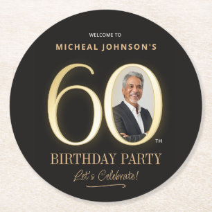 Porta-copo De Papel Redondo Foto Personalizada Preto e Dourado Aniversário de 