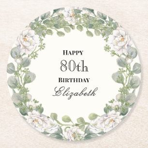Porta-copo De Papel Redondo Fronteira Floral Elegante Aniversário de 80 Anos P