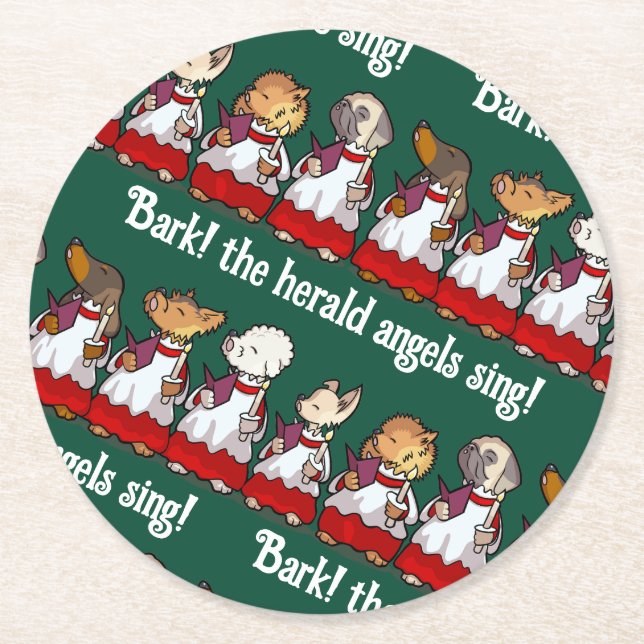 Porta-copo De Papel Redondo Funny Dog Choir Bark! Xmas Carol Pun Cartoon (Frente)