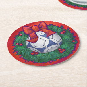 Porta-copo De Papel Redondo Futbal Festivo em Wreath em Vermelho
