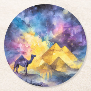 Porta-copo De Papel Redondo Galáxia do Deserto em Aquarela Camelo Pirâmide Via