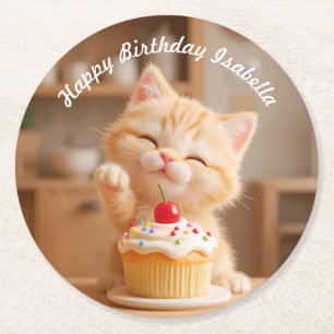 Porta-copo De Papel Redondo Gatinho-de-laranja-bonito com um Cupcake