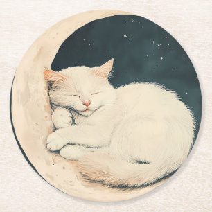 Porta-copo De Papel Redondo Gato Branco Dormindo na Lua Crescente - Noite Sonh