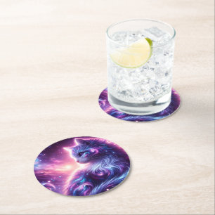 Porta-copo De Papel Redondo Gato Celestial Galáxia Cósmica Mística