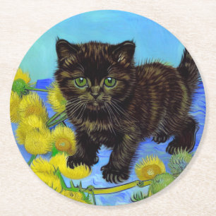 Porta-copo De Papel Redondo Gato de estilo Van Gogh com Sunflower