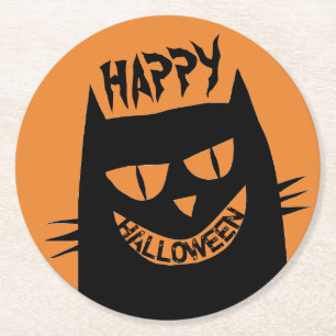 Porta-copo De Papel Redondo Gato Negro de Halloween assustador em laranja