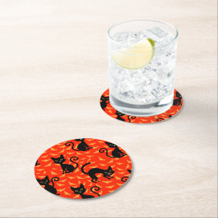 Porta-copo De Papel Redondo Gato Preto Assustador Gato Halloween Bats Laranja
