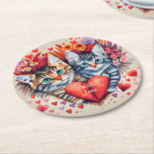 Porta-copo De Papel Redondo Gatos com aquarelas com coração