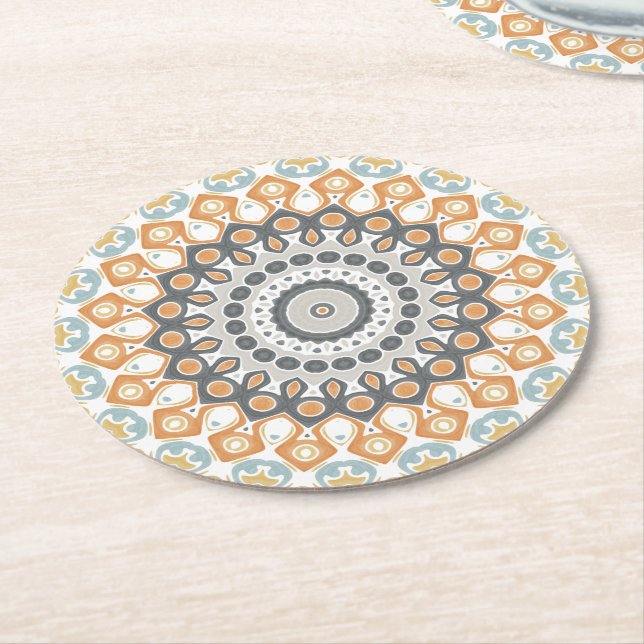 Porta-copo De Papel Redondo Geometric Mandala in Orange, Gray, and Blue (Angulado)