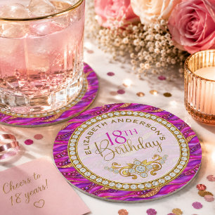Porta-copo De Papel Redondo Glam Pink Gold Joias Strata 18º Aniversário