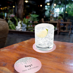 Porta-copo De Papel Redondo Glitter prateado cor-de-rosa pinga nome aniversári