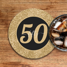 Porta-copo De Papel Redondo Glitter Preto e Dourado 50 Anos 50 Anos 50. Aniver