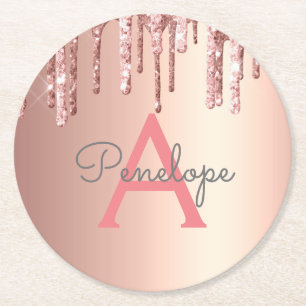 Porta-copo De Papel Redondo Glitter Rosa Girly Monogramed - Unidades Douradas 