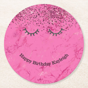 Porta-copo De Papel Redondo Glitzy Black Eyelashes Rosa Glitter Aniversário