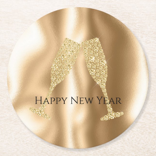 Porta-copo De Papel Redondo Gold Diamond Sparkle Champagne Glasses New Year's (Frente)