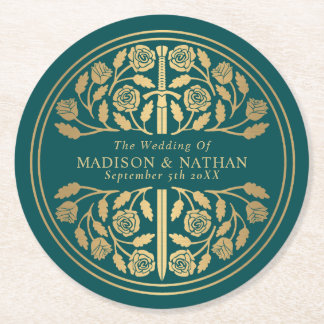 Porta-copo De Papel Redondo Gold Teal Royal Medieval Sword Wedding