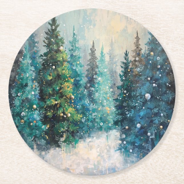 Porta-copo De Papel Redondo Green Christmas Trees Winter Forest (Frente)