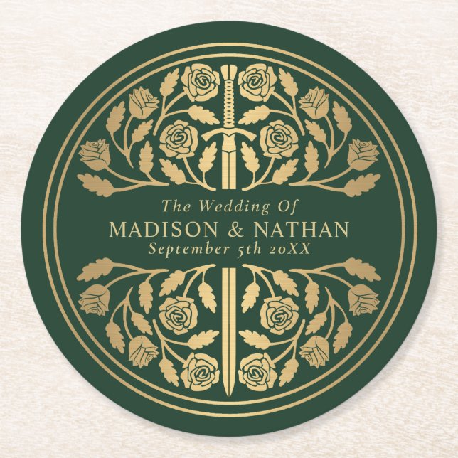 Porta-copo De Papel Redondo Green Royal Medieval Sword Wedding (Frente)