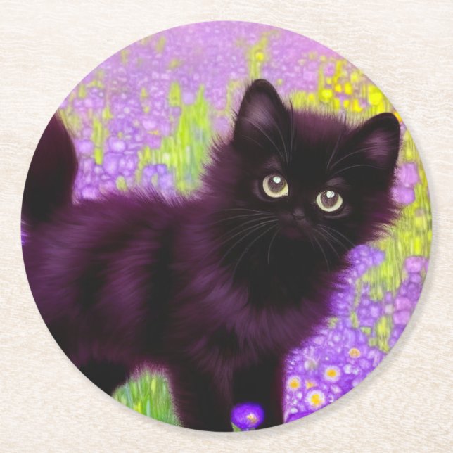 Porta-copo De Papel Redondo Gustav Klimt Black Kitten (Frente)