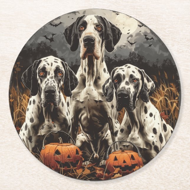 Porta-copo De Papel Redondo Halloween - Grande Dane Dogs Jack O Lantern (Frente)