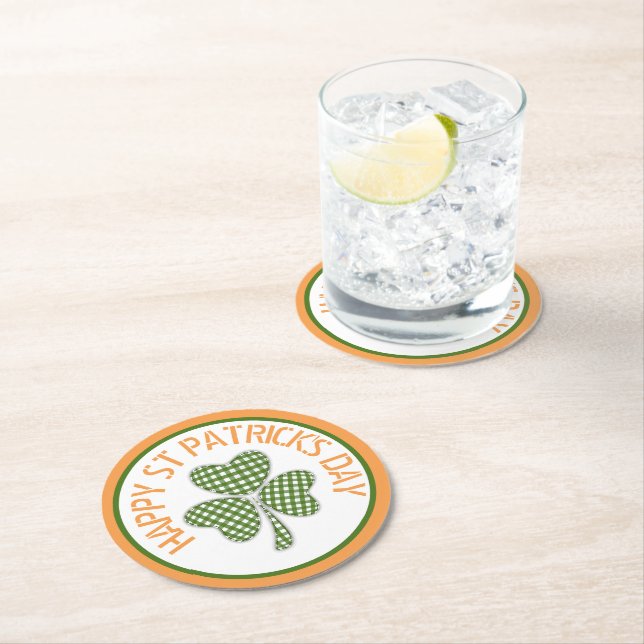 Porta-copo De Papel Redondo Happy Dia de São Patrício Green Gingham Shamrock (Insitu)