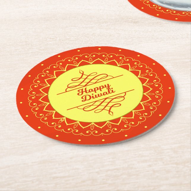 Porta-copo De Papel Redondo Happy Diwali Orange Cream Mandala Modern (Angulado)
