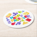 Porta-copo De Papel Redondo Happy Passover Paper Coaster<br><div class="desc">Add a festive and meaningful touch to your Seder table with this beautifully designed Passover paper coaster. Featuring a cheerful “Happy Passover” greeting, this vibrant design is filled with classic holiday symbols — the Haggadah, traditional matzos, bottles of wine, elegant wine glasses, and playful decorative doodles. Each element reflects the...</div>