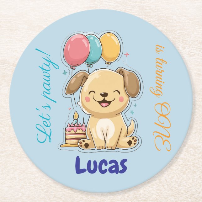 Porta-copo De Papel Redondo Happy Puppy, Boy, Let's Pawty, 1st Birthday  (Frente)