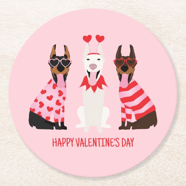 Porta-copo De Papel Redondo Happy Valentines Day Dobermann Dogs (Frente)