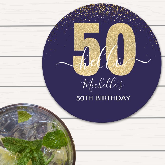 Porta-copo De Papel Redondo Hello 50! -50th Birthday with Gold Glitter (Criador carregado)
