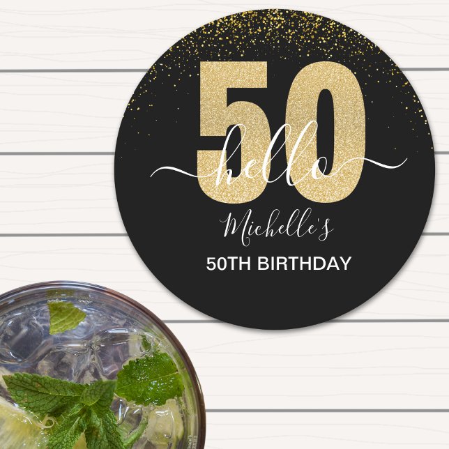 Porta-copo De Papel Redondo Hello 50! -50th Birthday with Gold Glitter (Criador carregado)