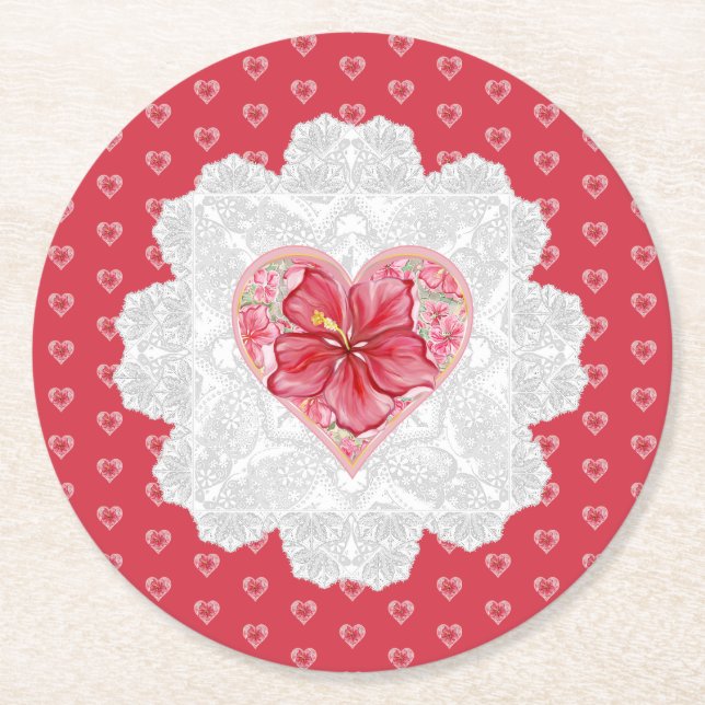 Porta-copo De Papel Redondo Hibiscus e rendas RED (Frente)