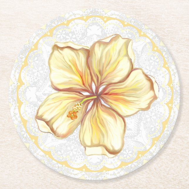Porta-copo De Papel Redondo Hibiscus & lace AMARELO (Frente)