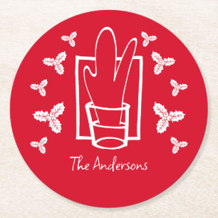 Porta-copo De Papel Redondo Holly de Natal e um Vidro Espumante