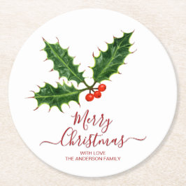 Porta-copo De Papel Redondo Holly e Berries Feliz Natal e Nome da Família