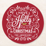 Porta-copo De Papel Redondo Holly Jolly Christmas Chalkboard Foliday Party Red<br><div class="desc">Tenham portas copos de papel de festas de Natal Holly Jolly. Festivo e folclórico, estilo "chalk-art", design de Natal. Moldura grosseira em estilo chalkboard com tipografia de giz-arte branca sobre fundo vermelho alegre e mistura retrógrada de estilos manchados à mão, decorada com folhagem gelada e bagas sagradas. Adicione sua saudação...</div>