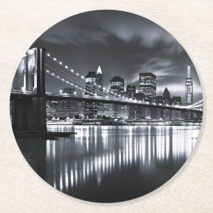 Porta-copo De Papel Redondo Horizonte de Nova York Ponte de Brooklyn Monocromá