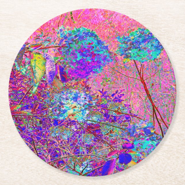 Porta-copo De Papel Redondo Hortênsia Abstrata Roxa e Azul com Magenta (Frente)