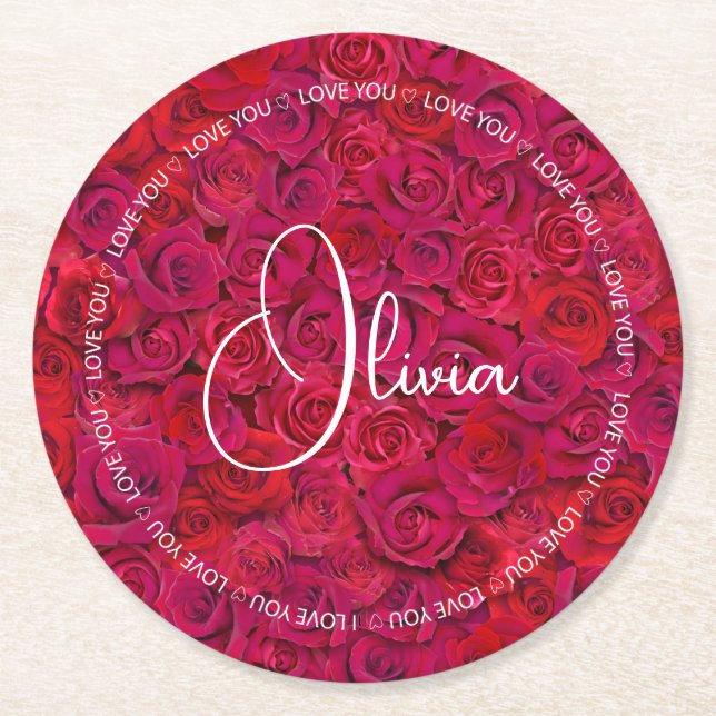 Porta-copo De Papel Redondo I Love You Custom Name Red Roses Love (Frente)