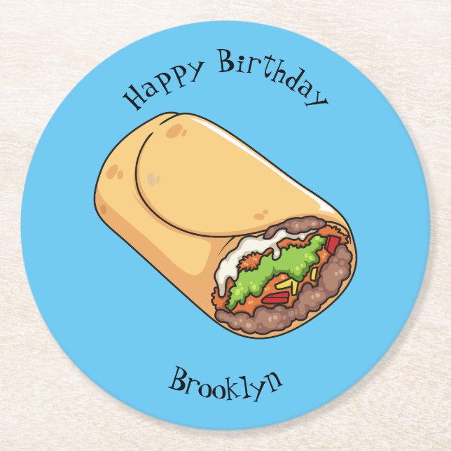 Porta-copo De Papel Redondo Ilustração de desenho animado burrito (Frente)