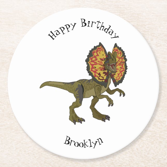 Porta-copo De Papel Redondo Ilustração de desenho animado de Dilophosaurus (Frente)