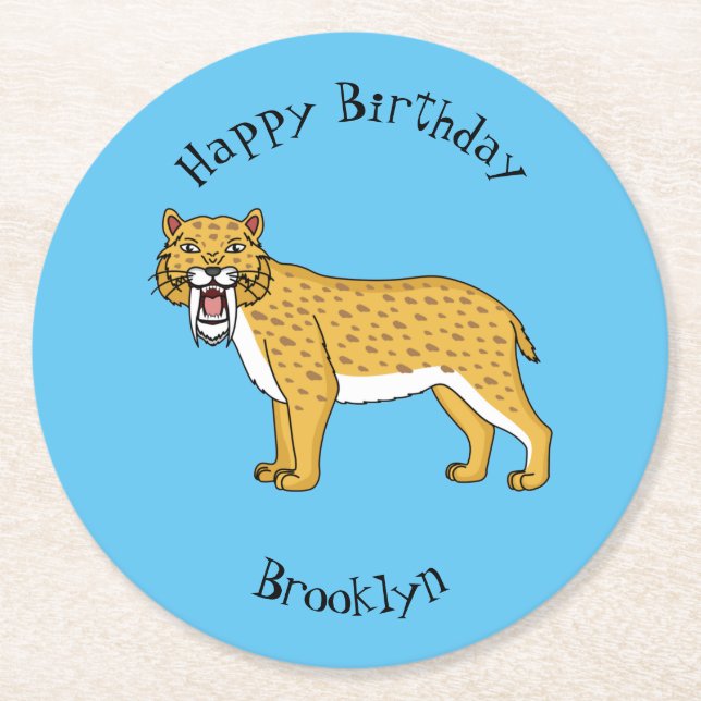 Porta-copo De Papel Redondo Ilustração de tigre com dentes de Saber (Frente)