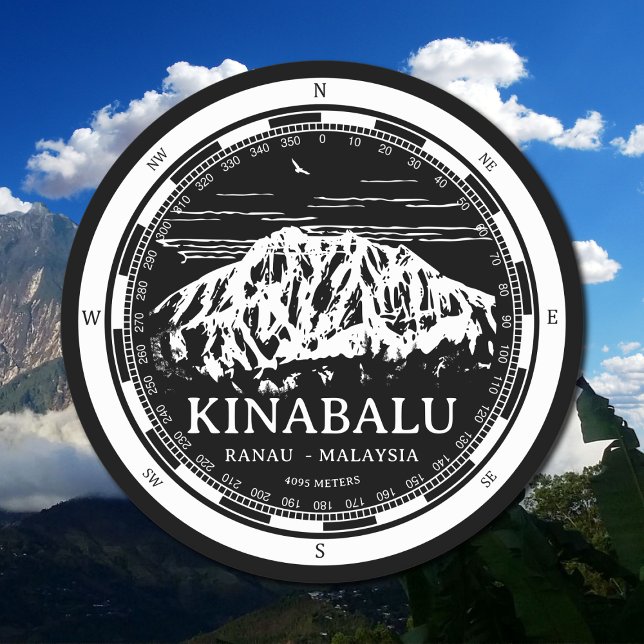 Porta-copo De Papel Redondo Ilustração do Monte Kinabalu - Ranau Malásia Sabah (Mount Kinabalu Malaysia Coaster in Back with a white compass and mountain illustration)