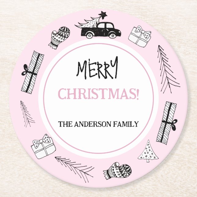 Porta-copo De Papel Redondo Ilustração Preta e Branca Moderna a Rosa (Frente)