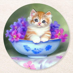 Porta-copo De Papel Redondo Ilustração Vintage Laranja e White Kitten