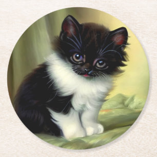 Porta-copo De Papel Redondo Ilustração Vintage Tuxedo Kitten