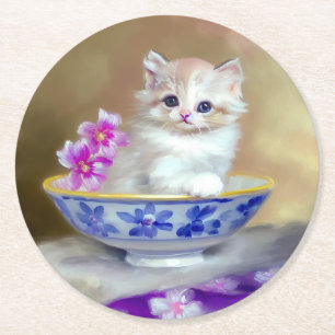 Porta-copo De Papel Redondo Ilustração Vintage White Kitten