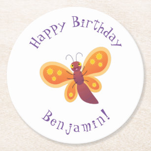 Porta-copo De Papel Redondo Imagem de desenho animado de borboleta laranja fel